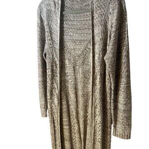 It’s Our Time Crochet Long Sweater Cardigan Sz L Tan Heathered 100% Acrylic